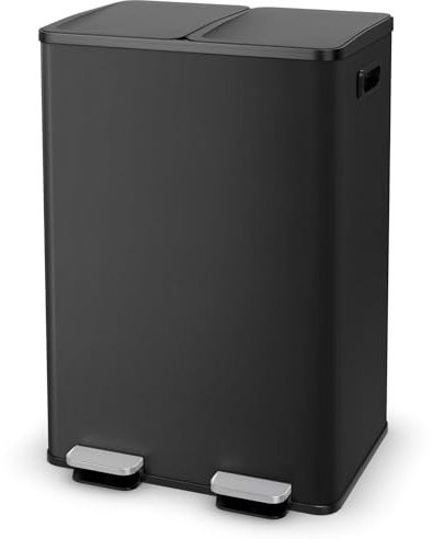 TANGZON 2x30L Recycling Pedal Bin, Double Kitchen Waste Bin with Plastic Inner Bucket, Soft Closure & Deodorant Boxes, Fingerprint Proof Airtight Stainless Steel Trash Can (Black)