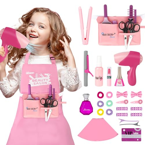deAO Kit de Coiffure pour Enfants avec Sac de Coiffure, Sèche-Cheveux, Miroir et Autres Accessoires de Coiffure, Poupée pour Petites Filles, Salon de Coiffure, Ensemble de Jouets pour Filles de 3 Ans