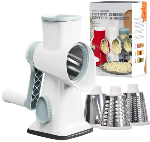 Cheese Grater Cheese Shredder with 3 Interchangeable Blades, Rotary Cheese Grater Manual Vegetable Slicer with Non-slip Suction Base Peanut Nuts Grinder Vegetable Shredder White