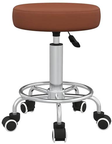 Vinsetto Round Rolling Stool, PU Leather Height Adjustable Stool Chair with Wheels and Swivel Seat for Salon, Massage, Spa, Home Kitchen, Brown