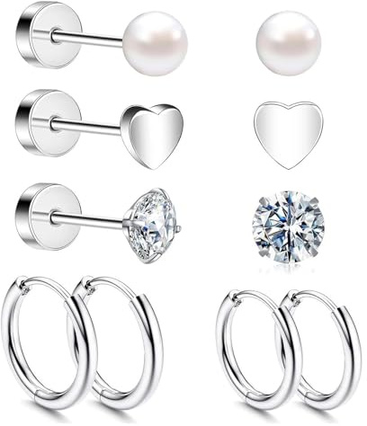 Thoquene 5 Paar Silber Hypoallergen Medizinische Ohrstecker, Edelstahl Ohrringe Damen Set, Bügel Ohrringe Chirurgenstahl Damen