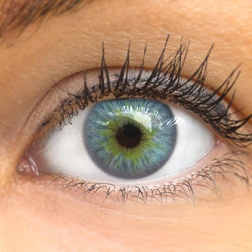 GLAMLENS lentilles de couleur blu naturelles colorées très haute opacité (Catania Lime Ice Blue) + étuis à lentilles de contact 1 paire (2 pièces) 90 Jours sans correction 0,00 Dioptries