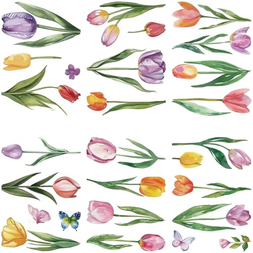 craspire Fensteraufkleber Mit Frühlings Und Sommerblumen 8 Blatt Selbstklebend PVC Tulpen Schmetterlings Blumen Fensteraufkleber Ostern Zuhause Büro Schule Glasfenster Wand Abnehmbar Wasserdicht