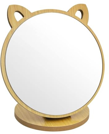 Kleiner Kosmetikspiegel mit Holzrahmen & Sockel - Kreative Katzenohr-Form | Klappbar & Neigbar - Schminkspiegel für Schlafzimmer, Wohnzimmer, Bad (Handspiegel mit Verstellbarem Winkel)