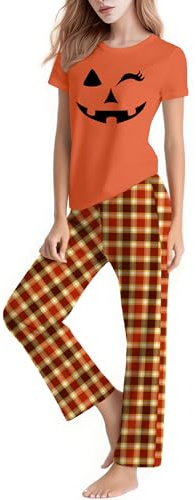 VVNTY Pigiama da donna per Halloween, a forma di zucca, da donna, casual, per Halloween, maglietta e pantaloni, Arancio 1, M