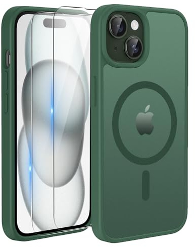 TQIAHF Magnetic Phone Case Cover for iPhone 15,Green | with 2 Tempered Glass Screen Protector Compatible with MagSafe Military Grade Shockproof Protective Slim Translucent Matte