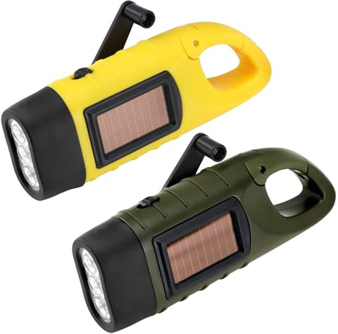 Inajoke 2 Pack Wind Up Torch LED Hand Crank Solar Dynamo Super Bright | Portable Camping Torch with Carabiner Hook Rechargeable Outdoor Emergency Flashlight for Hiking Climbing Outdoors