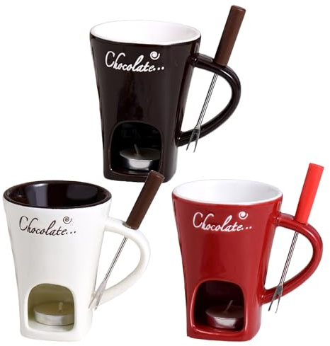 3set Chocolate Fondue Mug with Fork, Ceramic Butter Warmers Pot, Melting Cup with Tealights for Chocolate Snack Cheese & Desserts