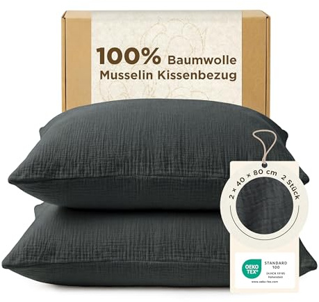 BEDSURE Musselin Kissenbezug 40x80 2er - 100% Baumwolle, Anthrazit | Kopfkissenbezug 40 x 80, Muslin Kissenbezüge mit Reißverschluss, Weich, Sicher, Atmungsaktiv, Hautfreundlicher Komfort