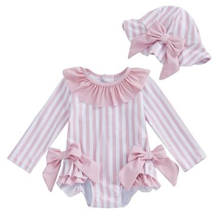 Toddler Baby Girl Bathing Suit Stripe Print Ruffle Bow Knot Long Sleeve Swimsuit Newborn One Piece Rash Guard with Hat 0-3T Girl Swimwear (Pink, 2-3 Years)