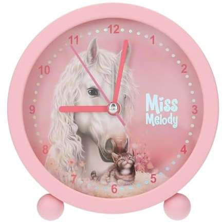 Depesche 14088 Miss Melody - Réveil Rose pour Enfants, avec Motif Cheval et Chaton, Horloge silencieuse avec Fonction lumière