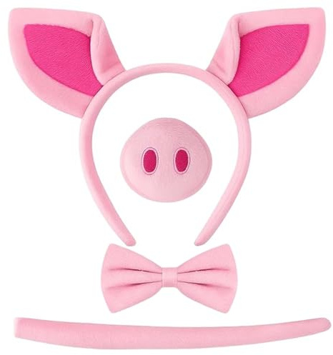 DvBCNMe 4 Schwein Kostüm Set, Ohren, Nase, Schwanz, Krawatte, Rosa Schwein Kostüm Kit Zubehör,Tier Kostüm Kinder, für Karneval, Halloween, Kinder und Erwachsene