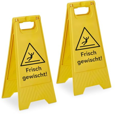 Relaxdays Frisch Gewischt Aufsteller, 2er Set, klappbar, beidseitig beschriftet, Kunststoff, Warnschild vor Glätte, gelb