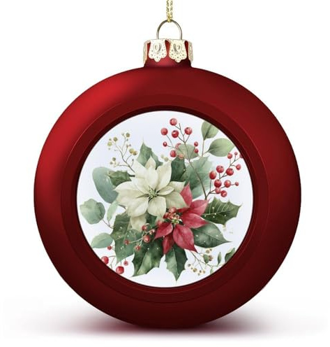 Esferas de Navidad de acuarela con ramas de acebo, muérdago, flor de pascua, adornos inastillables, para colgar, bolas rojas para árbol de Navidad, decoración de árbol de Navidad, vacaciones, boda