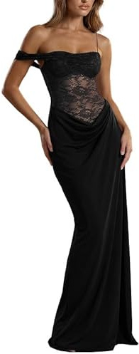 Sukiglam Vestito Donna Elegante Monospalla Spaghetti Strap Abito Lungo in Pizzo Floreale Aderente Vestiti Senza Maniche Sexy Maxi Abiti con Alto Spaccato Laterale Bodycon Abito da Discoteca Festa Sera