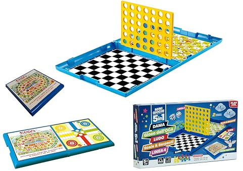 Giochi Riuniti 5 in 1 Mini Giochi Raccolta Giochi da Tavolo Forza 4 Gioco dell'Oca Dama Ludo Scale Serpenti Valigetta Tabellone di Gioco Richiudibile Gioco da Tavolo Società per tutta la Famiglia (B)