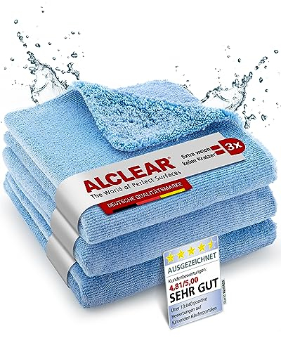 ALCLEAR 820203U_3 Auto Mikrofaser Poliertücher 3er Set 40x40 cm – superflauschig, ultraschallgeschnitten, Pkw Autoaufbereitung, Lackpflege, Felgenreinigung, streifenfrei, fusselfrei, hologrammfrei