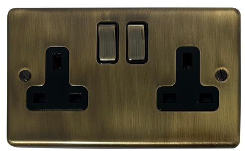 Antique Brass Socket - G&H Brassware CAB310 13A Double Pole Double Socket - Metal Rockers and Black Inserts