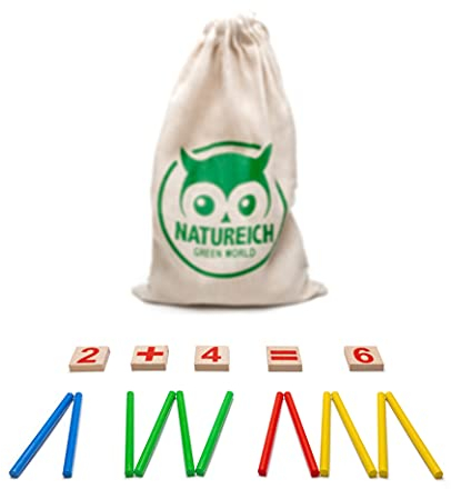 Natureich Mathematik Montessori Spielzeug aus Holz inkl. Stoffbeutel zum Aufbewahren Zahlen Lernen mit Rechen Stäbchen, Bunt/Natur ab 3 Jahre