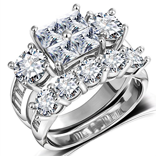 Hiyong Princess Wedding Rings for Women - Brilliant Cubic Zirconia Big Engagement Bridal Sets Size 5-11