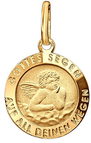 CLEVER smicka gyllene små barn hänge mini ängel Ø 10 mm skyddsnål gick på alla dina vägar, baksida Gud skyddar dig 333 guld 8 karat