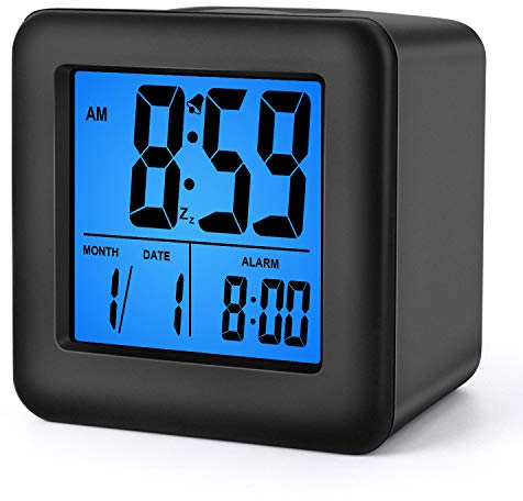 Plumeet Digital Alarm Clock Kids Alarm Clock with Snooze and Nightlight - Easy Setting Silicone Clock Display Time, Date - Loud Alarm Clock for Bedroom - Battery Powered (Black)