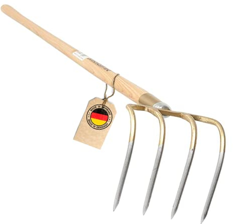 SHW-FIRE | Kartoffelhacke 4 Zinken Schmiedung, 135 cm ergonomischer Eschenholzstiel, robust & langlebig, ideal für Bodenbearbeitung, Kartoffelernte & Heuaufnehmen | Made in Germany