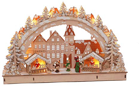 Spetebo LED Holz Schwibbogen 45x28 cm - Motiv Weihnachtsmarkt - Lichterbogen Fensterdeko beleuchtet