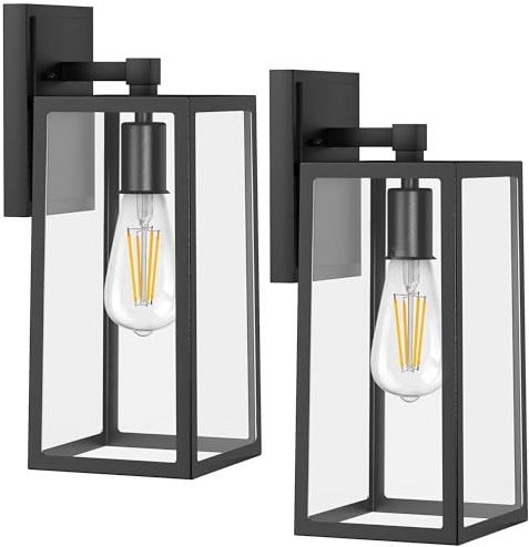 PARTPHONER Outdoor Light Fixtures Wall Mount, Porch Light, Waterproof Exterior Light Fixture, Anti-Rust Wall Sconce with Clear Glass and Black Aluminum for Garage, Doorway-2 Pack