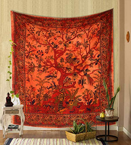 THE ART BOX Orange Tree of Life Wall Hanging Tapestry (Medium, 60x54 Inch) – Indian Cotton Bedspread, Picnic Sheet, Blanket, Nature-Inspired Wall Decor for Bedroom