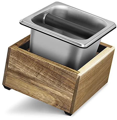 Navaris Coffee Knock Box - Stainless Steel and Wood Bin for Espresso Machine Coffee Grounds - With Silicone Bar for Knocking Portafilter Filter Grinds