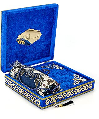 ihvan online Luxuriöse islamische Gebetsbox mit Samtbezug, 4-teiliges Set, mit elegantem Koran und Gebetsperlen, Tesbih & Gebetsteppich, Ramadan & Eid Geschenk, Marineblau