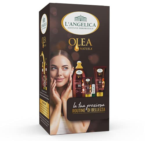 L'Angelica, Olea Kit, Cofanetto Regalo con Bagnoschiuma, Crema Corpo, Crema Mani e Balsamo Labbra, Idea Regalo con Prodotti a Base di Olio di Argan Bio ad Azione Idratante, Vellutante e Protettiva