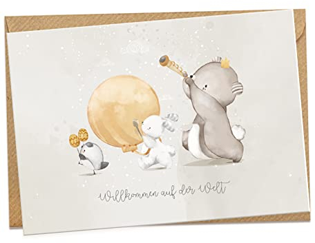 KOKO&LORA® Glückwunschkarte zur Geburt mit Umschlag Willkommen auf der Welt • moderne Grußkarte mit niedlichen Aquarell-Tieren für Mädchen und Jungen & Kraftpapier-Kuvert - Geschenk zur Geburt