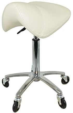 VAKON SALON - Premium Sattelhocker Weiß, Sattelstuhl für Rückenentlastung, Rollhocker höhenverstellbar von 55-75 cm, Drehhocker, Praxishocker, Bürohocker, Arbeitshocker