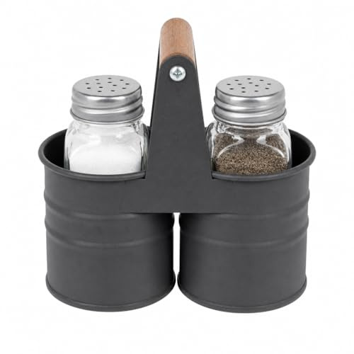 MIJOMA Gewürzstreuer Set – Salz- & Pfefferstreuer aus Glas mit Metallhalterung – Vintage BBQ & Grill Tischdeko – 3-teiliges Set im Industrial Stil für Küche & Gastronomie