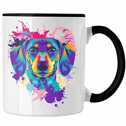 Trendation - Dackel Tasse Geschenke Dachshund Rauhaardackel Lustig Bunter Hund (Schwarz)