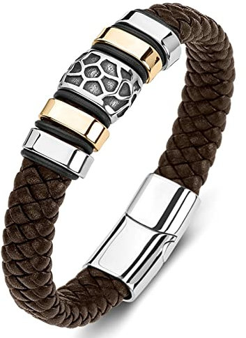 KnSam Personalisierte Geschenke - Armband Leder, Leder Armband Geflochten Gewebt Bettelarmband Herren Edelstahl Armschmuck Braun A mit Magnet Verschluss, Länge 18.5CM