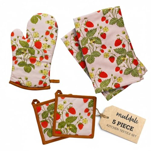 Muldale Oven Glove and Tea Towel Set 5 Pack - Somerset Strawberry Tea Towels and Pot Holders - Cute Strawberry Kitchen Decor - Soft and Absorbent - Kitchen Mittens