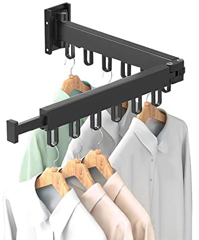 Clothes Drying Rack Wall Mounted, Foldable Clothes Airer with Hooks, Retractable Laundry Drying Rack Indoor Folding, Space Saver Clothes Drying Hanger Racks for Balcony, Laundry, Bathroom (Bi-Fold)