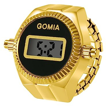 JewelryWe Ringklocka, fingerklocka, dam digital klocka – rund, digital elastisk ring i rostfritt stål, kvinnor, fingerringsklocka, klockring med kalender, stoppur och svart urtavla, Guld-svart, Rem