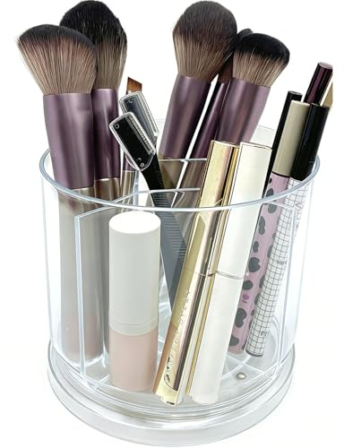 LOOENM Makeup Brush Holder 360 Rotating Makeup Brushes Organizer for Vanity, 5 Slots Makeup Organizers & Storage, Multi-Functional Pencil Pen Holder for Desk, Cosmetic Storage Container Cup (Clear)