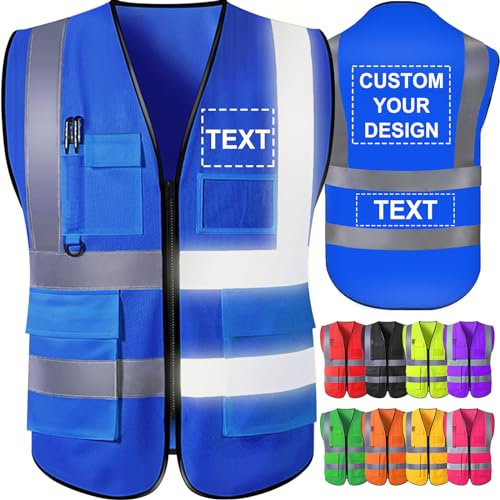GBVllexuii Gilet de sécurité personnalisé pour hommes avec poches logo bleu gilets réfléchissants haute visibilité vêtements de travail de sécurité de construction protection extérieure XL