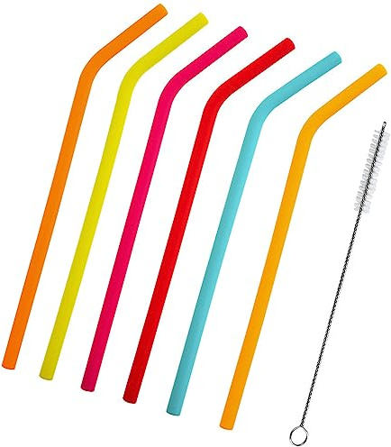 Silicone Party Drinking Straws for Milkshake Cocktail, 6 PCS | BPA-free, Reusable, Big Straws, Cleaning Brushes Included