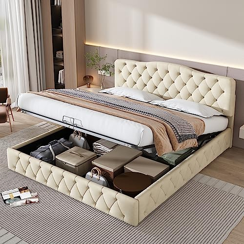 Becag Doppelbett 180x200 cm, Polsterbett mit Stauraum, Bett mit Lattenrost, Höhenverstellbares Kopfteil Betten, Rückenlehne Bett Stauraumbett Funktionsbett Jugendbett, Beige Samt, Ohne Matratze
