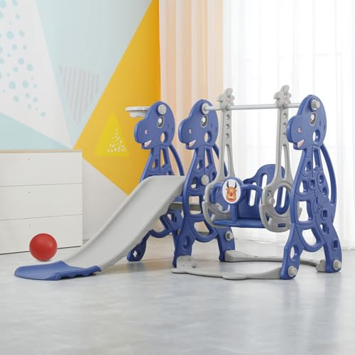 Sinbide Rutsche, Kinder Fun-Slide mit Basketballkorb, Faltbar Kinderrutsche, Gartenrutsche Kleinkinderrutsche für ab 2 Jahren, Indoor & Outdoor Rutschbahn mit Rutschauslauf (groß-blau)