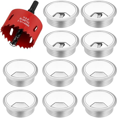 10 Stück Kabeldurchführung Schreibtisch, Kabeldurchlass, 60mm Kunststoff Kabelabdeckung mit 1 x Lochsäge, Kabeldose Tischdurchführung Rund für Büro Arbeitsplatten Tisch (Silber)