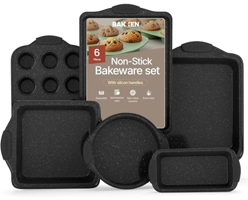 BAKKENMaster 6-Piece Nonstick Gray Marble Coated Bakeware Set - Professional Quality Carbon Steel Pans with Silicone Handles - Ideal for Oven, Refrigerator, Freezer - Dishwasher Safe