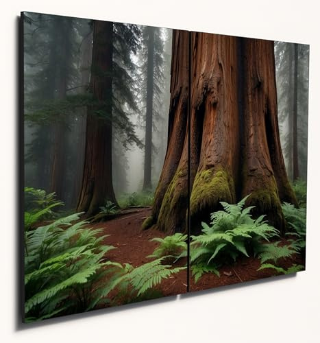 The Plum Penguin Ancient Sequoia Tree Misty Forest Dual A4 Wood MDF Wall Art Home Decor Canvas Alternative 40 x 30cm