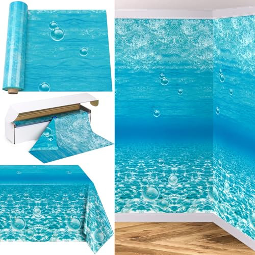 HOBBY HORSE Mantel de 100 pies x 54 pulgadas bajo el océano, rollo en caja cortadora de toboganes, telón de fondo desechable, cubierta de mesa de sirena, olas del océano, tablero de anuncios, rollo de